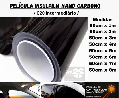 Película G20 (MÉDIO) Tipo Insulfilm Nano Carbono Profissional, largura50cm – Automotiva/Residencial