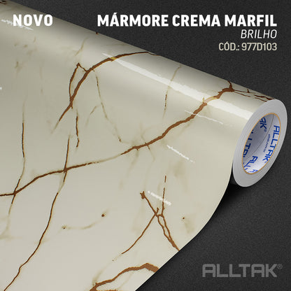 Revestimento Vinílico Adesivo Mármore Crema Marfil Brilho - Alltak - Lavável, Brilho e Fosco, Larg. 1,19m, Parede, Móveis