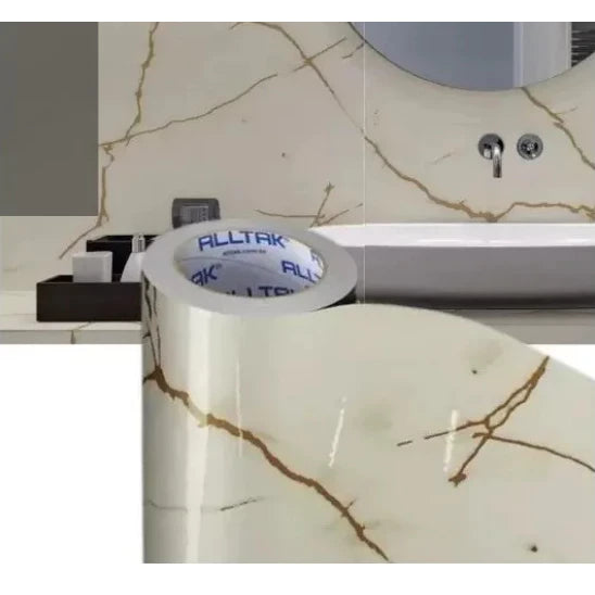 Revestimento Vinílico Adesivo Mármore Crema Marfil Brilho - Alltak - Lavável, Brilho e Fosco, Larg. 1,19m, Parede, Móveis