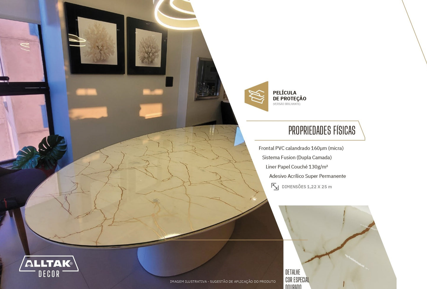 Revestimento Vinílico Adesivo Mármore Crema Marfil Brilho - Alltak - Lavável, Brilho e Fosco, Larg. 1,19m, Parede, Móveis